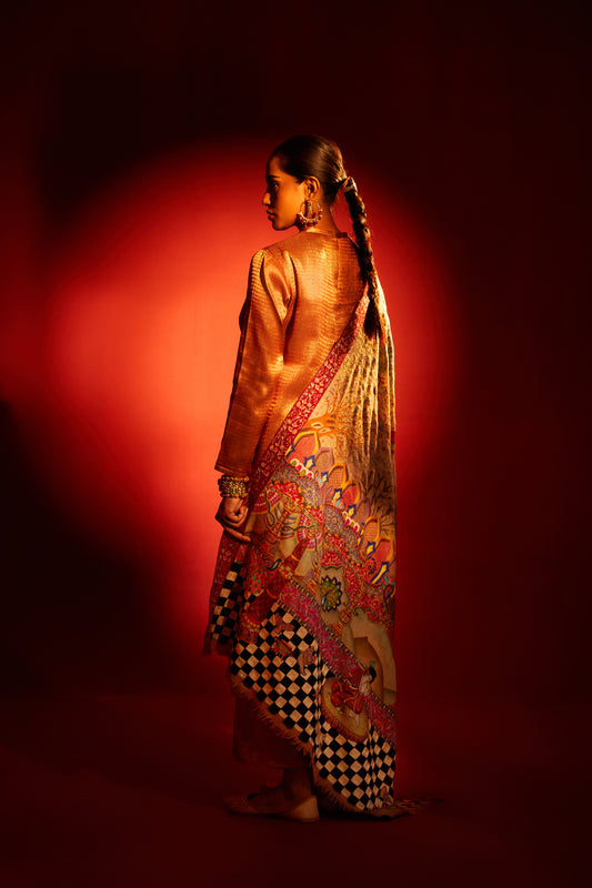 Model is wearing the Manohar Pashmina shawl by Shaza.