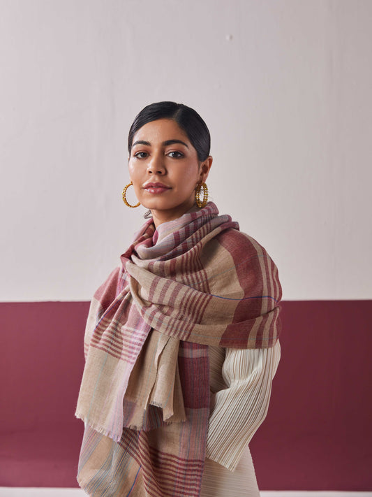 Model is wearing a pashmina striped stole from Shaza.