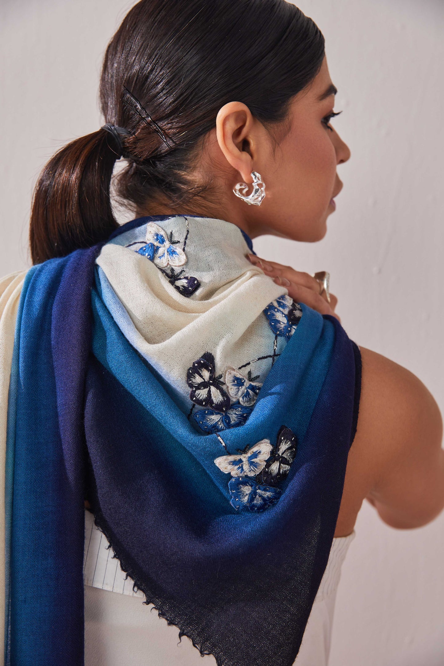 Model is wearing Butterfly Mania in sky blue colours from Shaza.