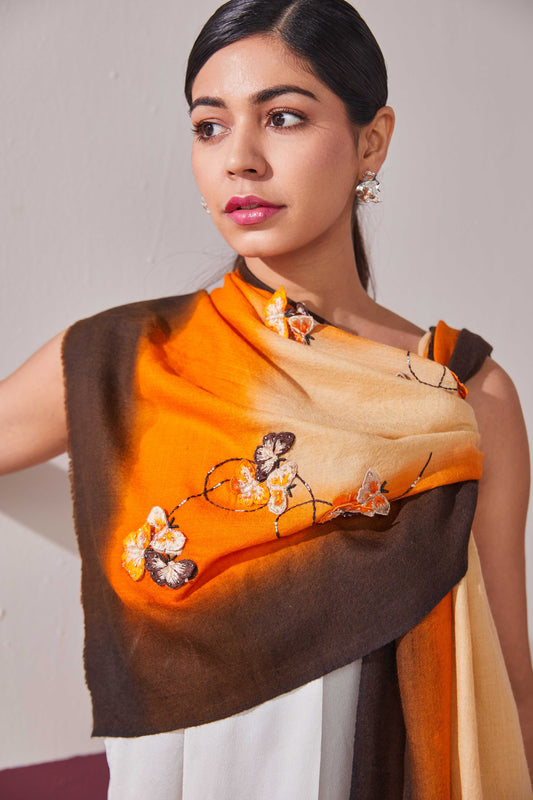 Model is wearing Butterfly Mania in earth colours from Shaza. 