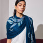 Model is wearing a Pashmina Kalamkari border stole in prussian blue from Shaza.