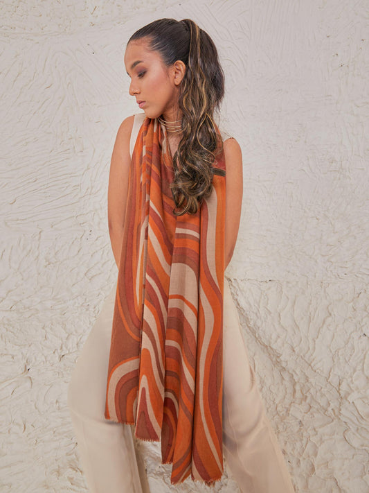 Model is wearing the disruption pashmina stole from shaza, handpainted in colours of brown symbolizing space.
