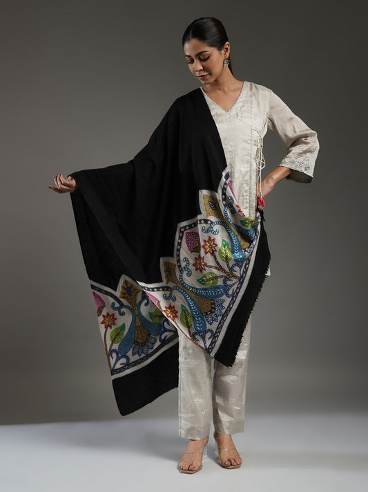 Black Kalamkari Border Stole