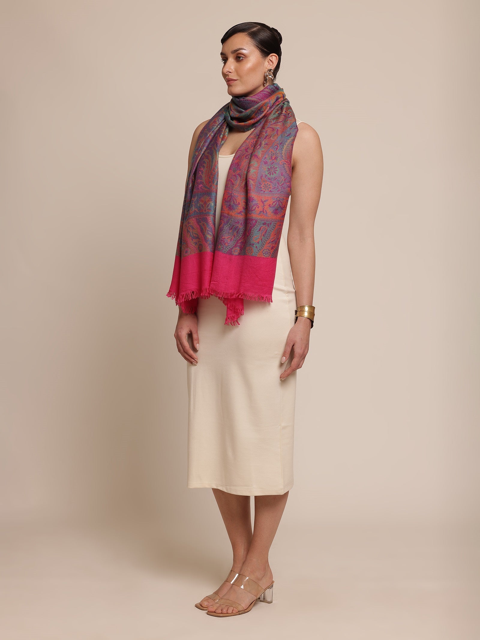 Woman wearing a kani patterned stole