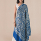 A woman wearing a royal blue pashmina shawl with intricate gold and silver zari embroidery in floral and paisley motifs, and a floral border.