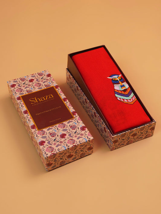 Red Pashmina Stole with a colorful owl design