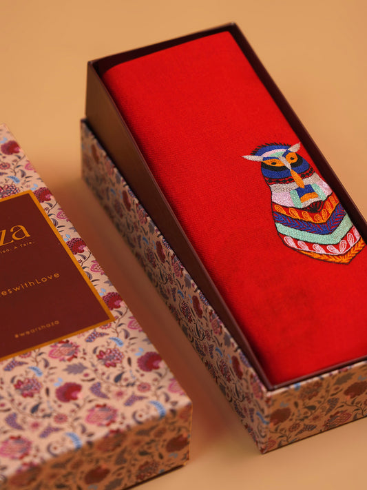 Red Pashmina Stole with a colorful owl design