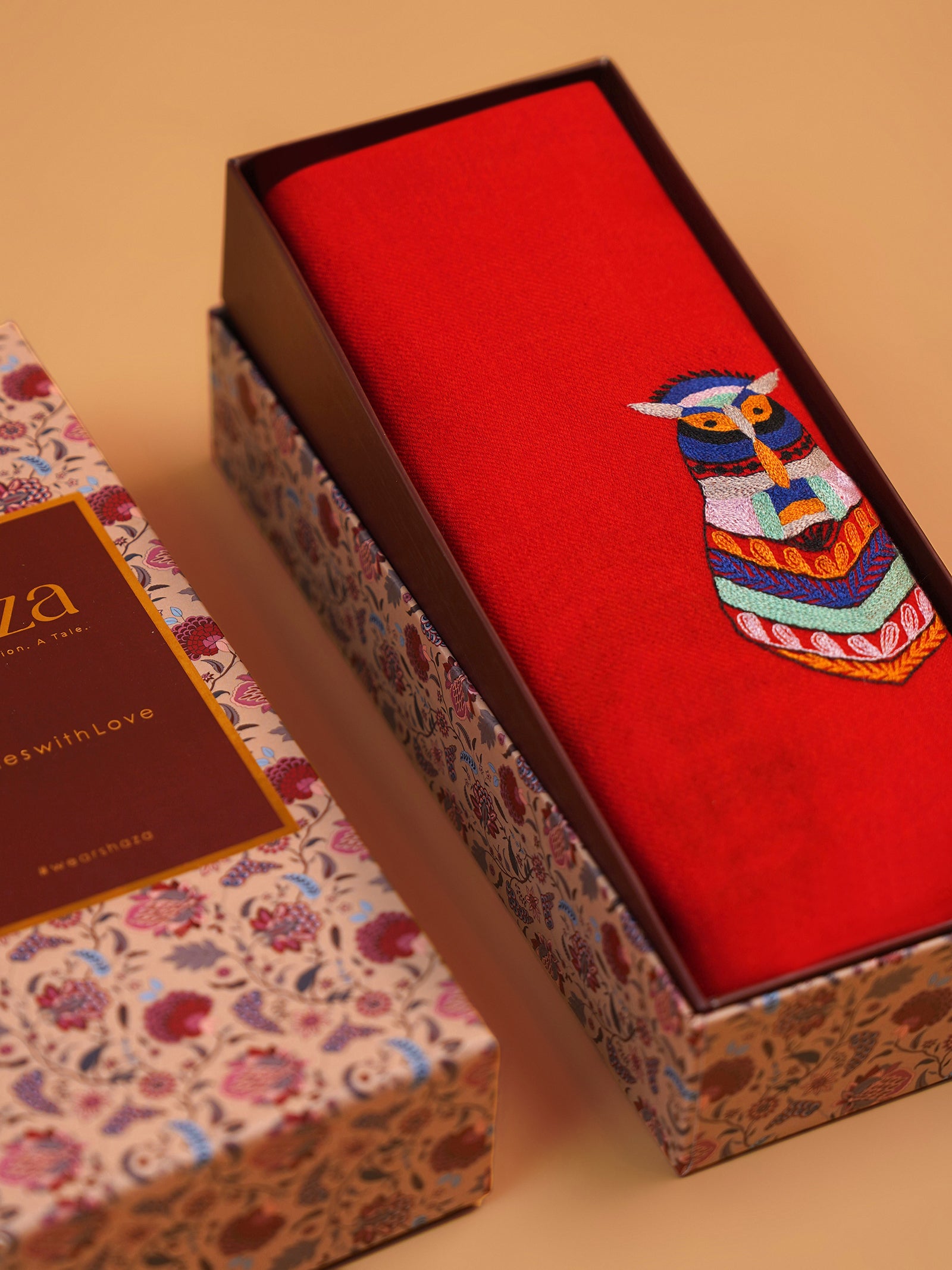 Red Pashmina Stole with a colorful owl design