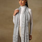 Model is wearing a Vineyard stole in the colour silver gray,, featuring vine shaped cutwork and zari detailing. 