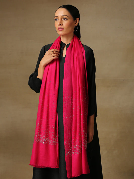 Model is wearing a swarovksi studded Era of Zaywar Palla Stole in the colour magenta. . 