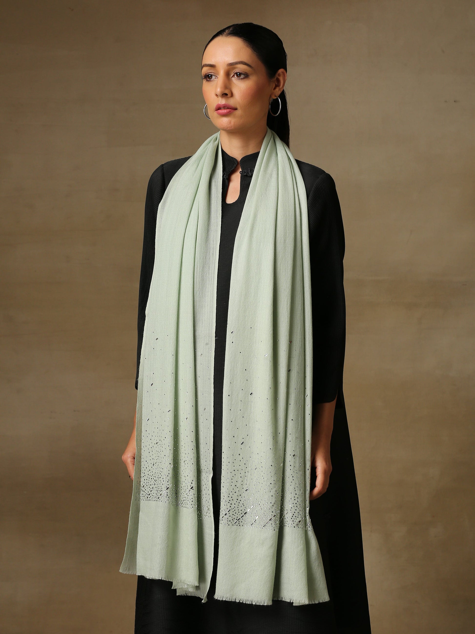 Model is wearing a swarovksi studded Era of Zaywar Palla Stole in the colour mint. 