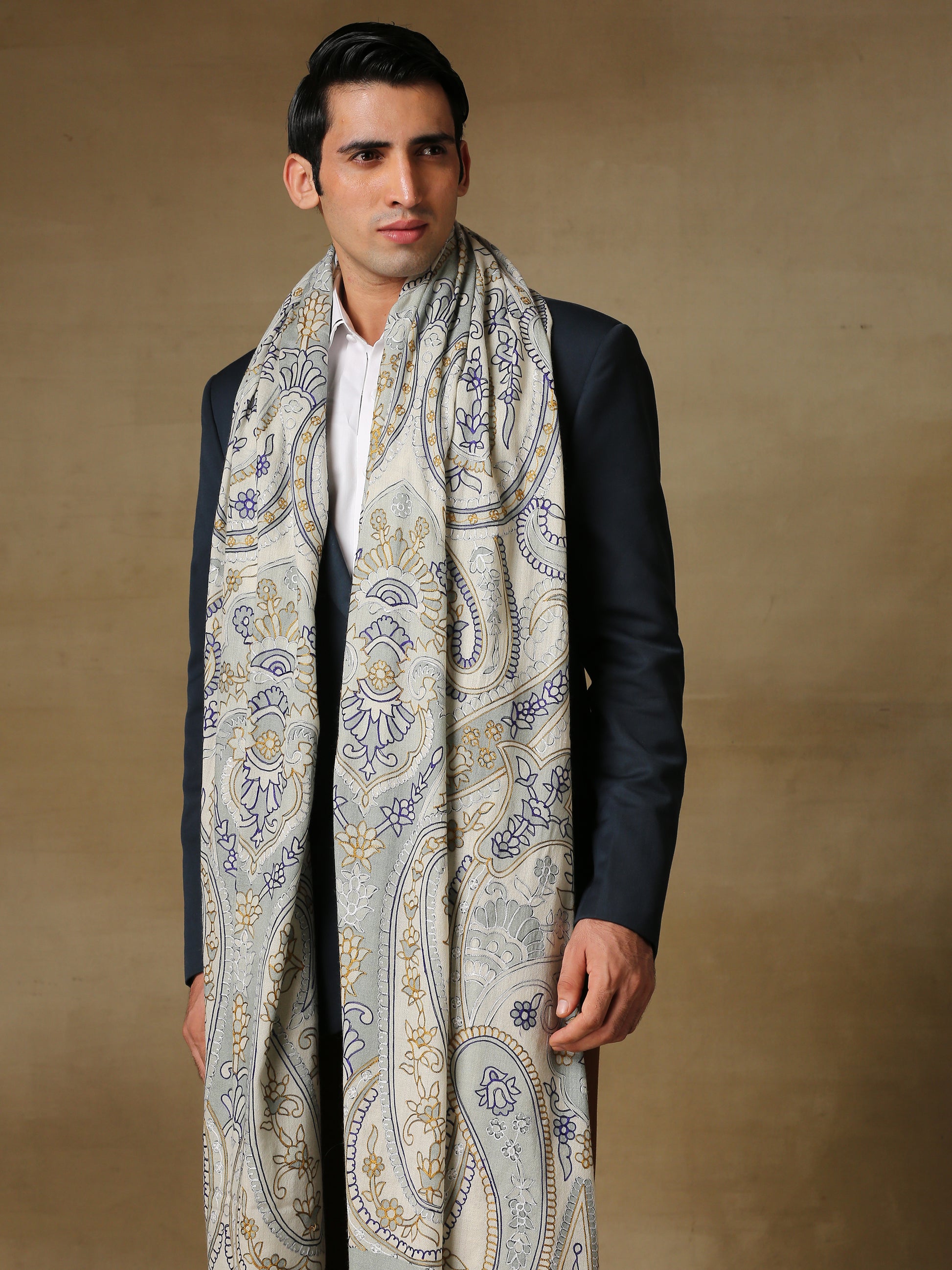 Model is wearing the Men's Kalamkari Khaka Dushala from Shaza. 