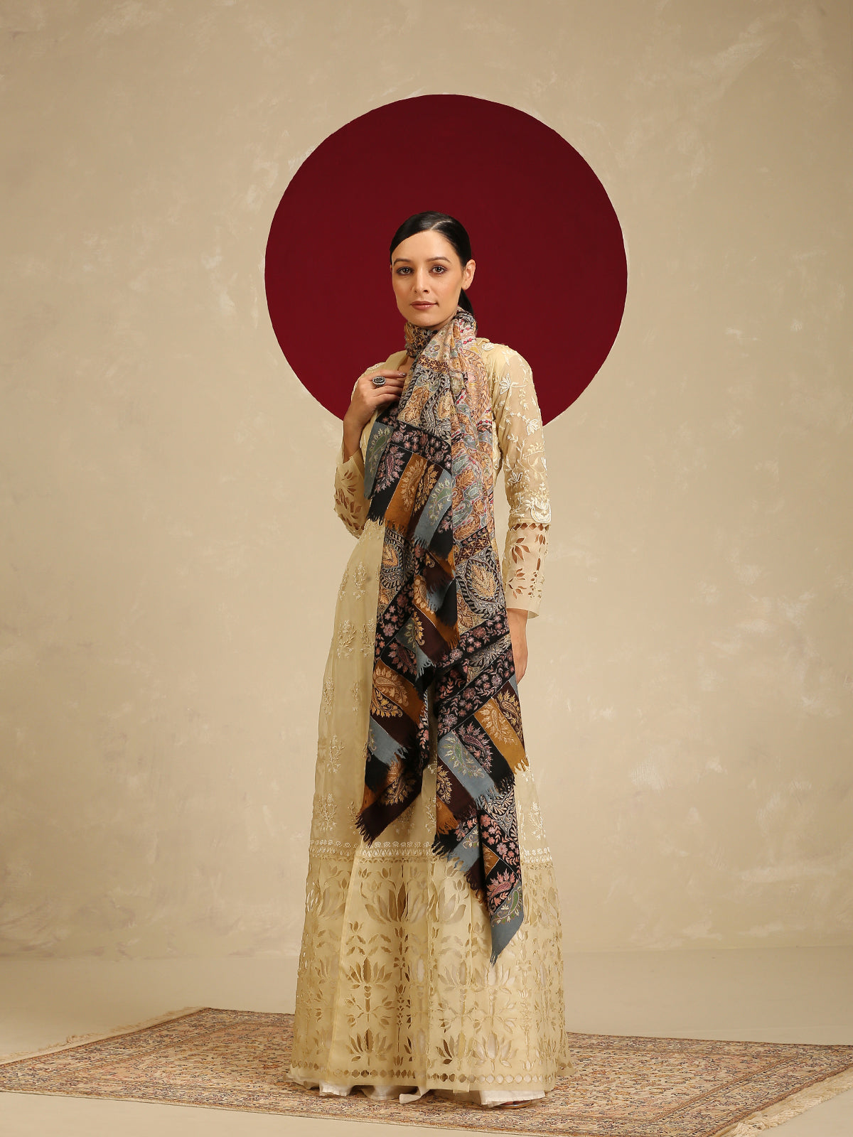 Model is wearing the Gulzar-e-Kalam Kalamkari Pashmina shawl from Shaza.