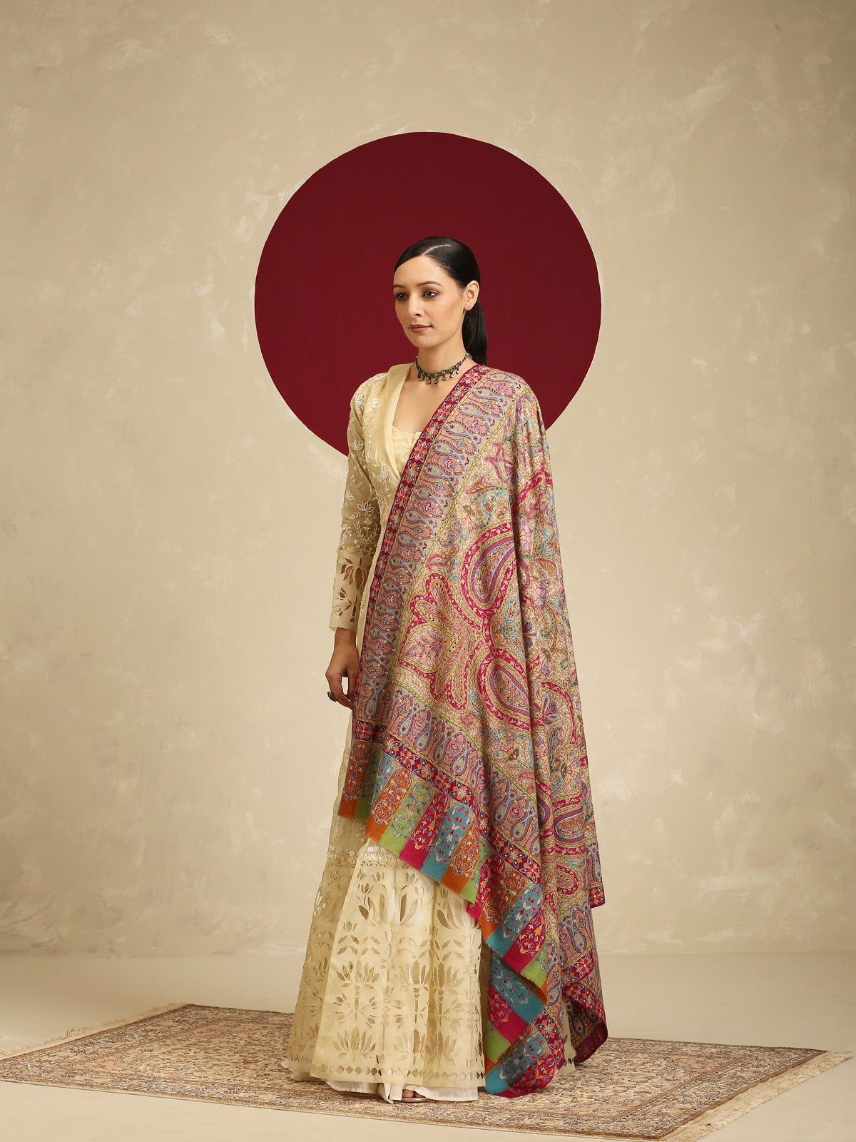 Model is wearing the Gulzar-e-Kalam Kalamkari Pashmina shawl from Shaza.