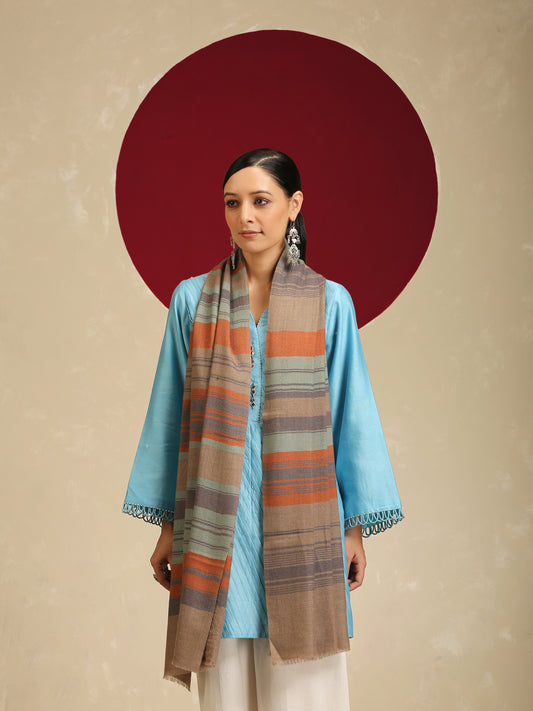 Model is wear a pashmina check stole featuring multi colored stripes on a toosh coloured base.