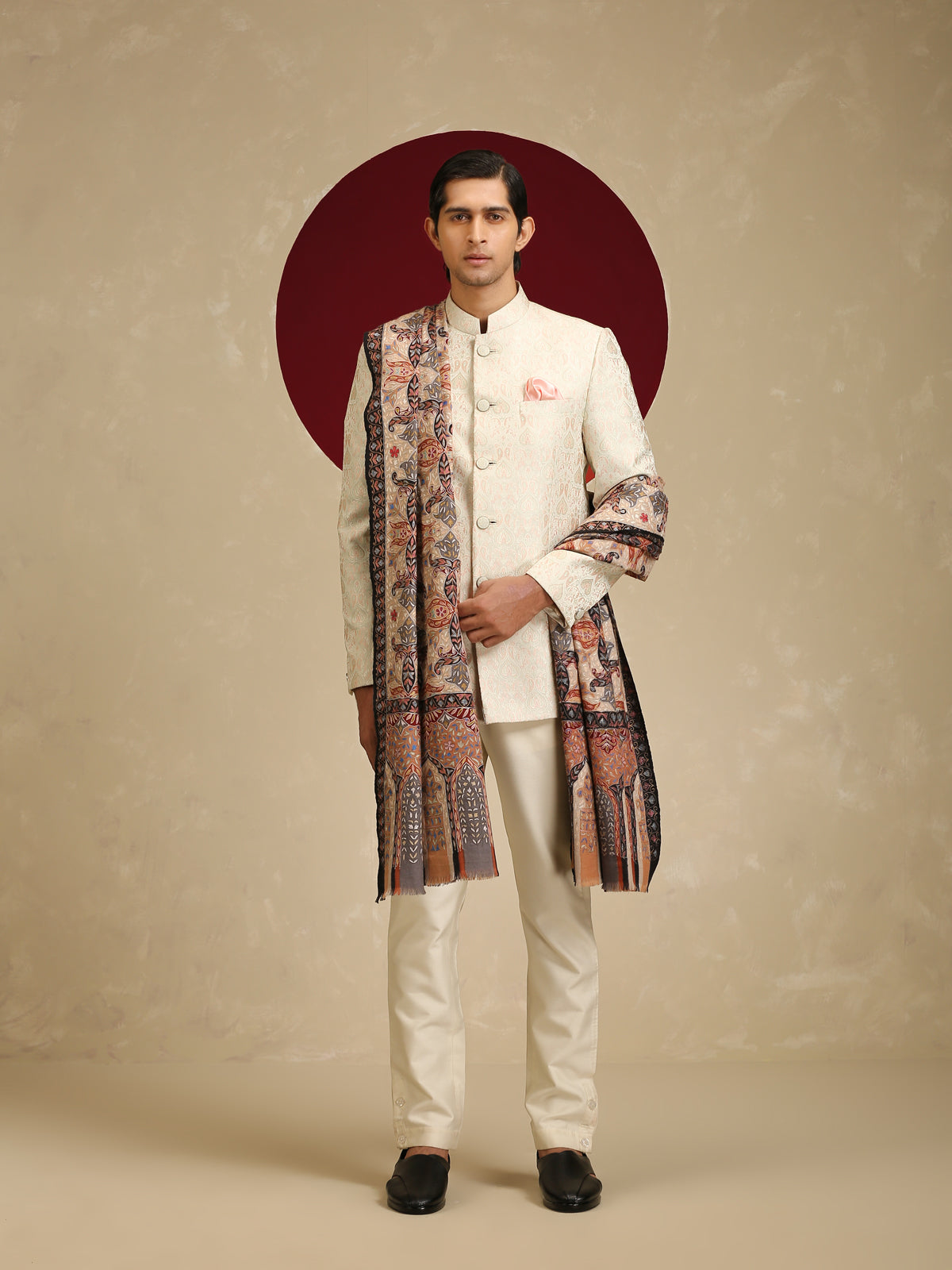 Model is wearing Men's Kalamkari Dushala from shaza.
