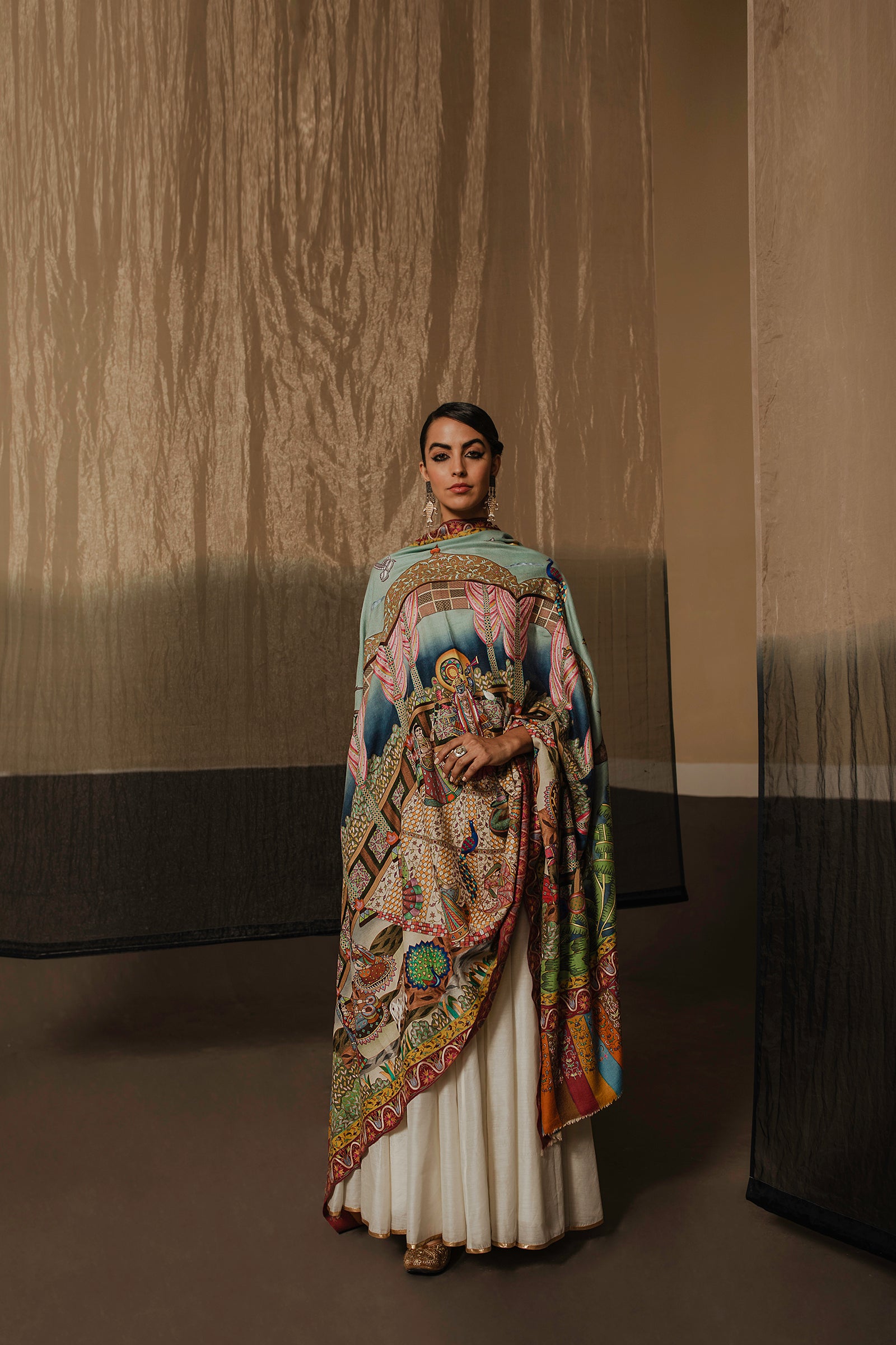 Model is wearing the Shree Nath ji Pashmina shawl from Shaza.
