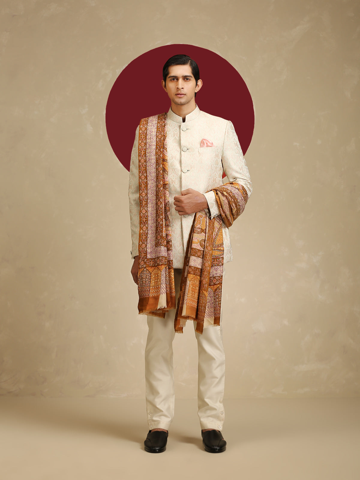 Model is wearing Men's Kalamkari Dushala from shaza.