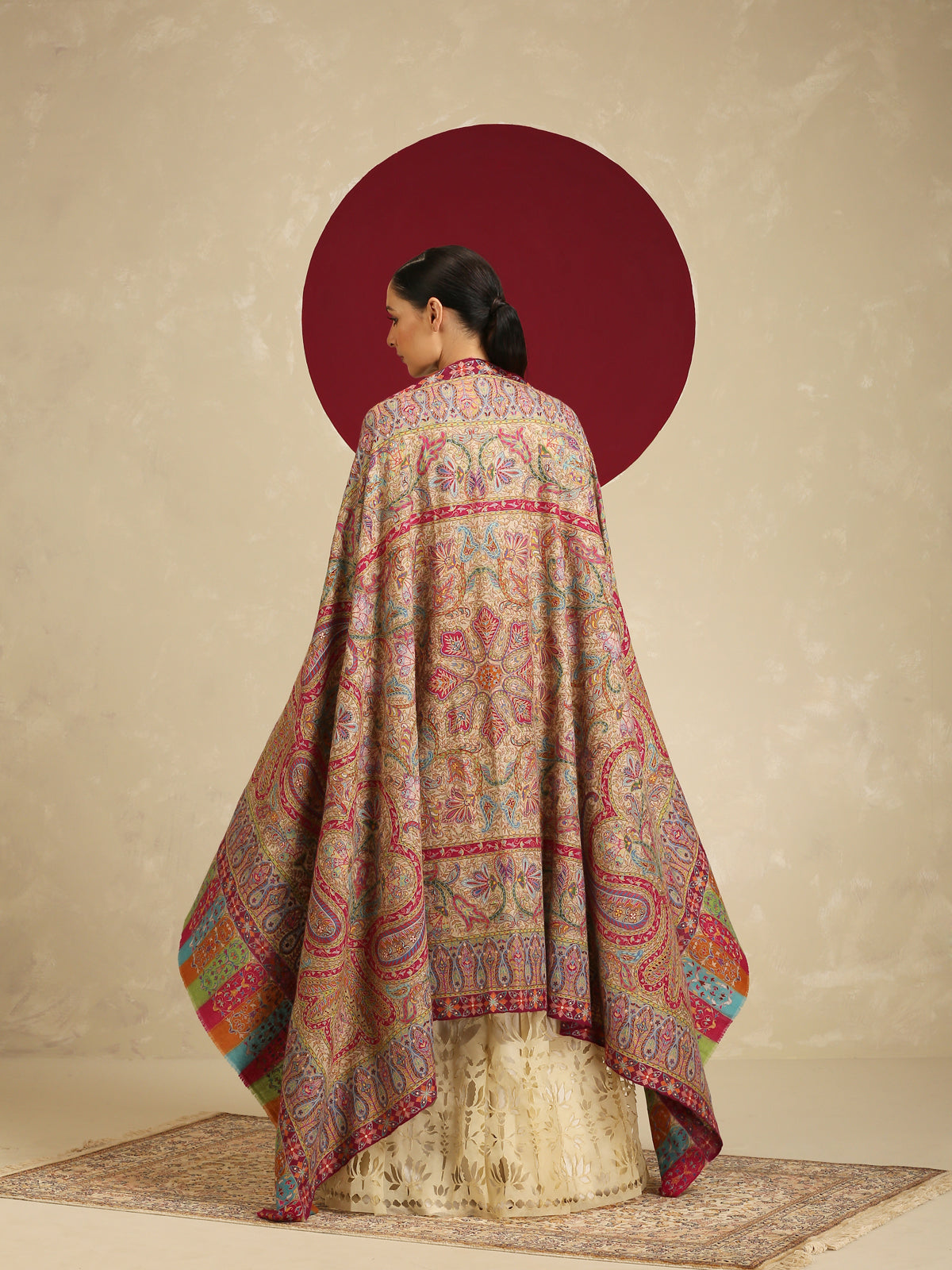 Model is wearing the Gulzar-e-Kalam Kalamkari Pashmina shawl from Shaza.