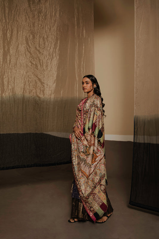 Model is wearing Shikargah pashmina shawl from Shaza.