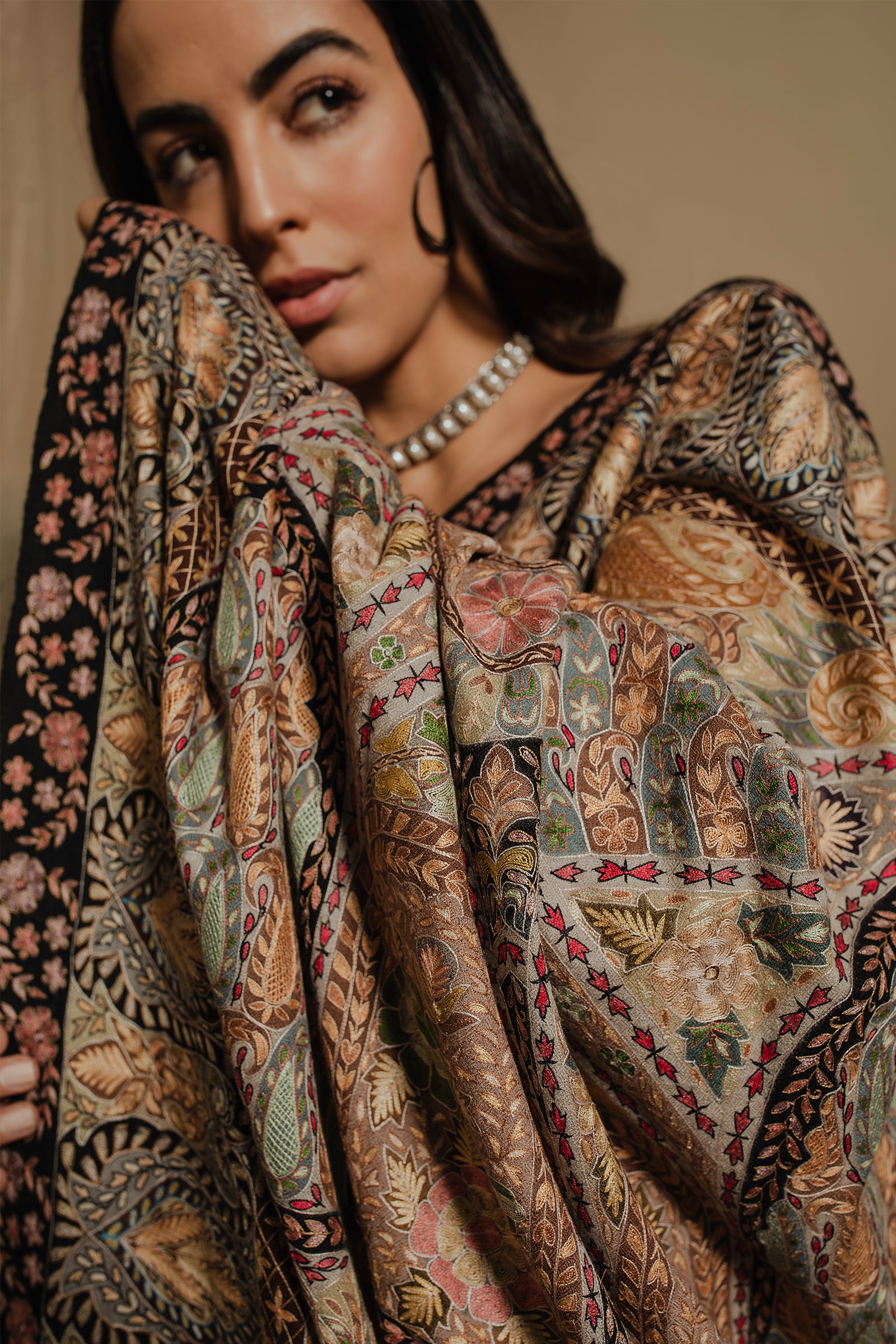 Model is wearing the Gulzar-e-Kalam Kalamkari Pashmina shawl from Shaza.