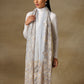 Model is wearing Celestial Chantilly stole from Shaza in ice blue. 
