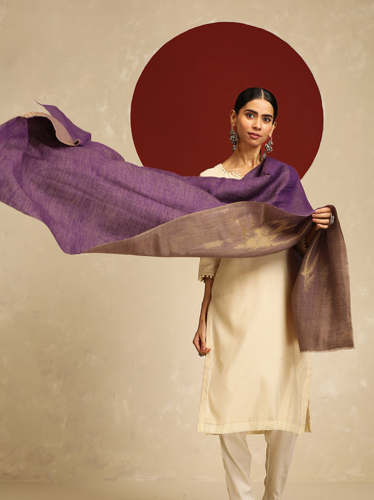 Model is wearing pashmina reversible shawl in purple with gold at the back. 