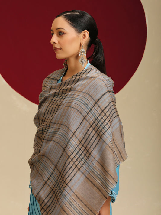 Model is wearing a Pashmina Check stole from Shaza with black and blue cross lines on a toosh coloured base. 
