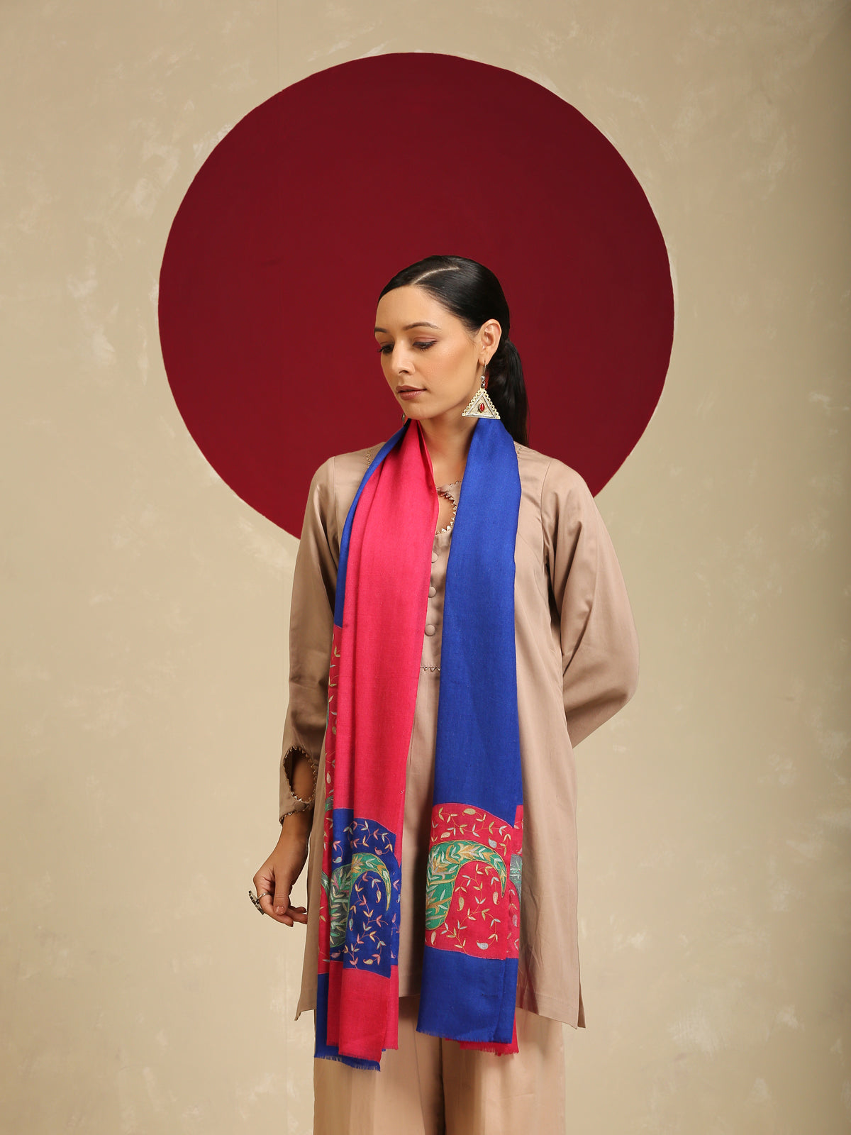 Model is wearing a Pashmina Kalamkari Border Stole from Shaza.