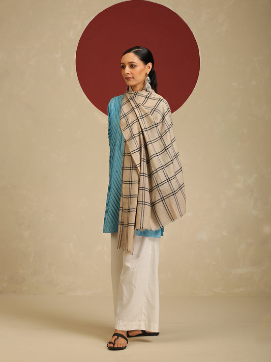 Model is wearing a Pashmina Check Stole in cream with black crosslines