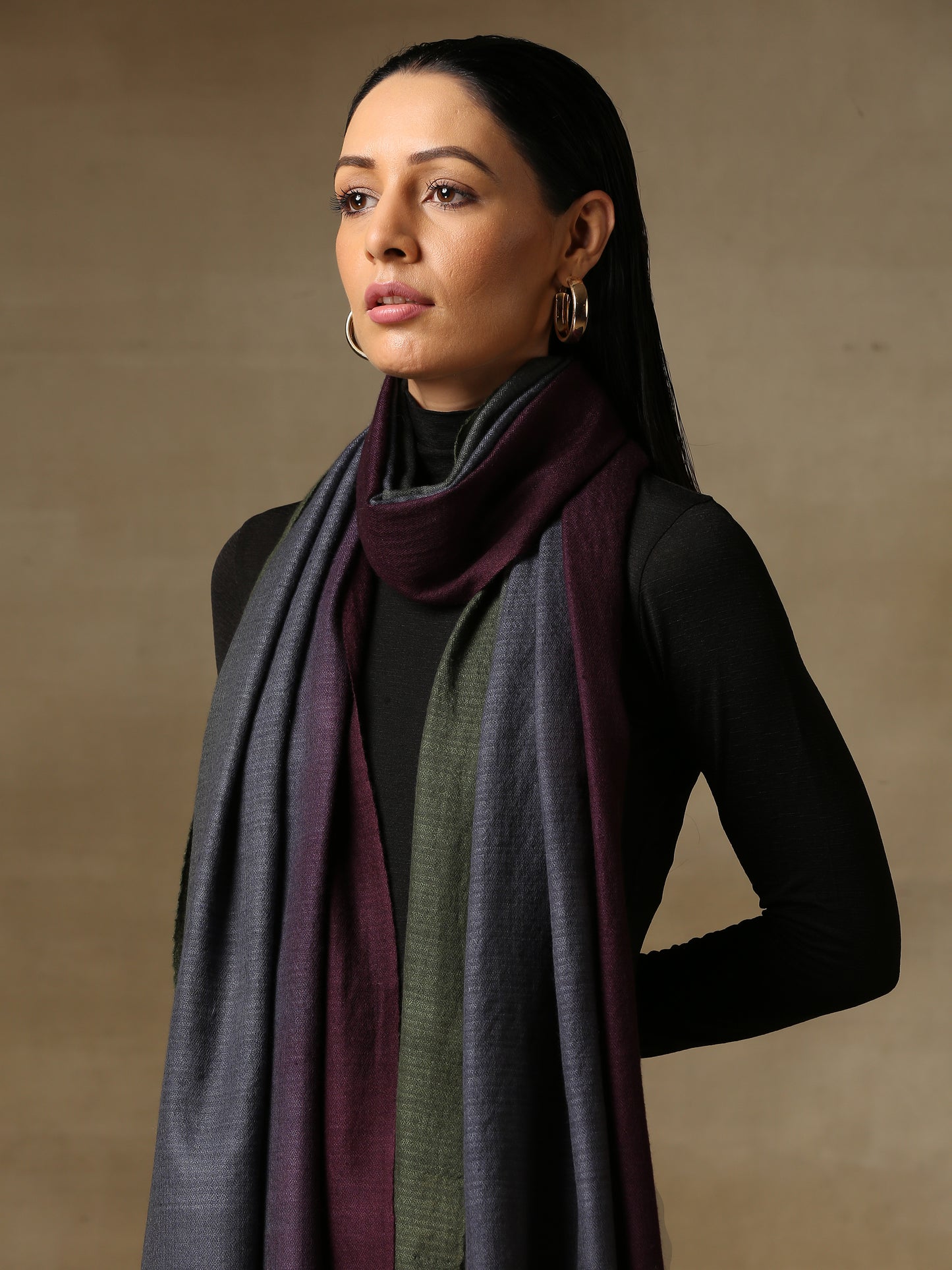 Model is wearing a Pashmina Ombre stole in self weave in the the colour gray and deep wine.
