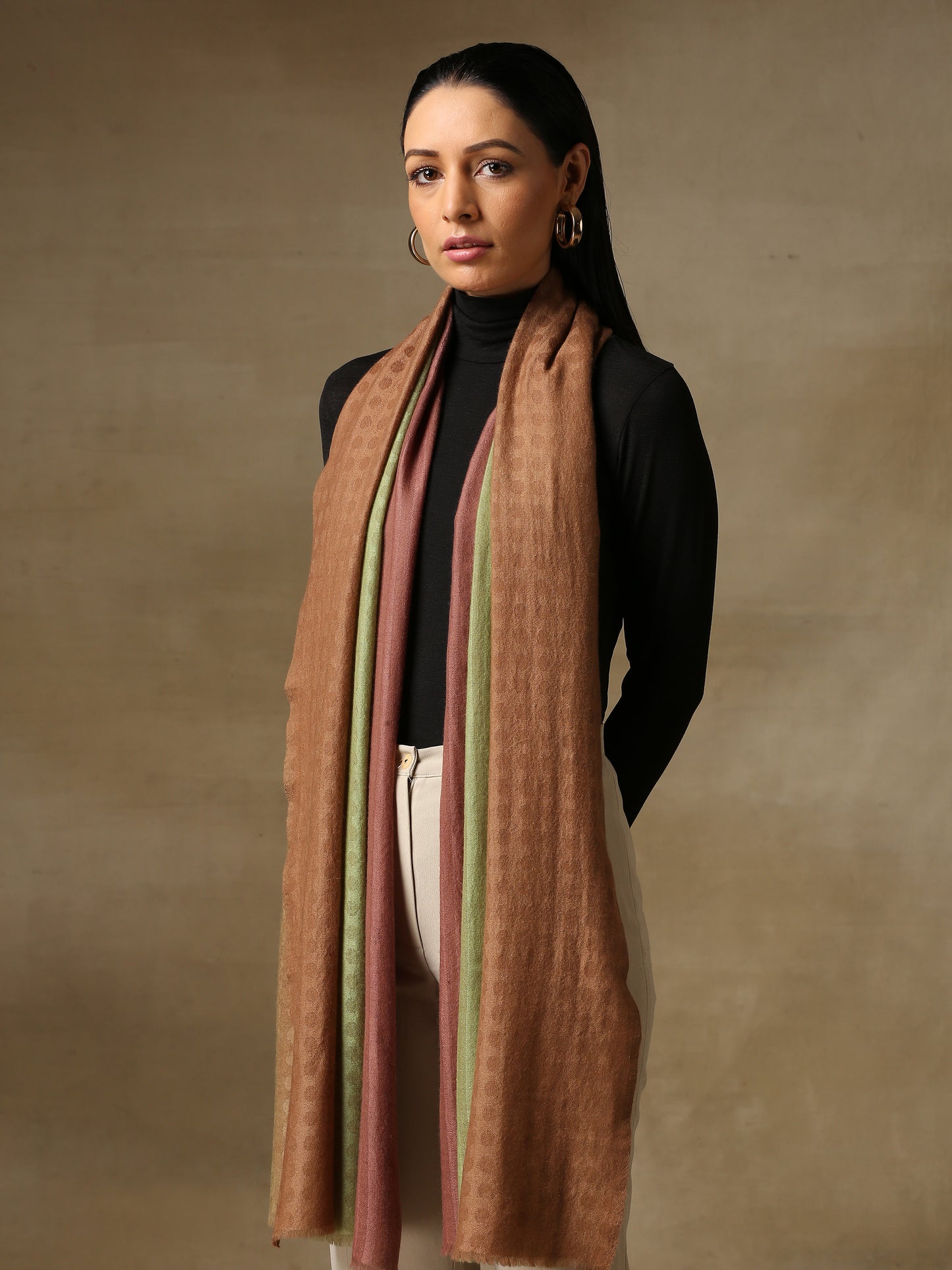 Model is wearing a Pashmina Ombre stole in a self weave in a pista green and mauve colour. 