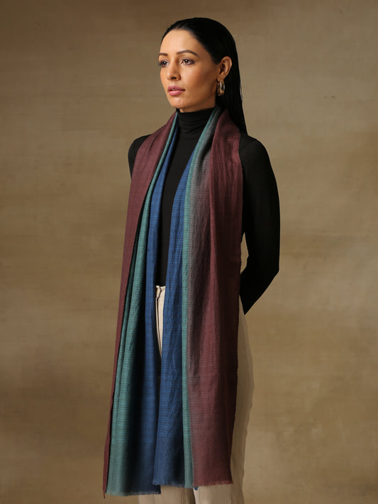 Model is wearing a Pashmina Ombre stole in Self weave in the colours turquoise and maroon.