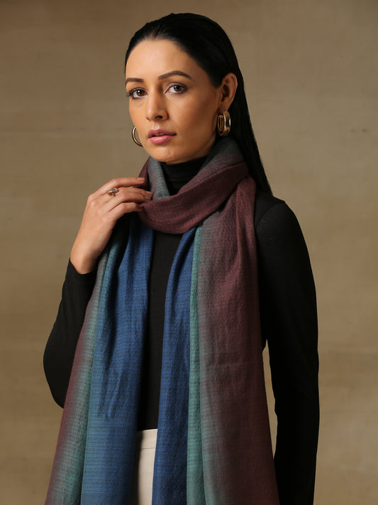 Model is wearing a Pashmina Ombre stole in Self weave in the colours turquoise and maroon.
