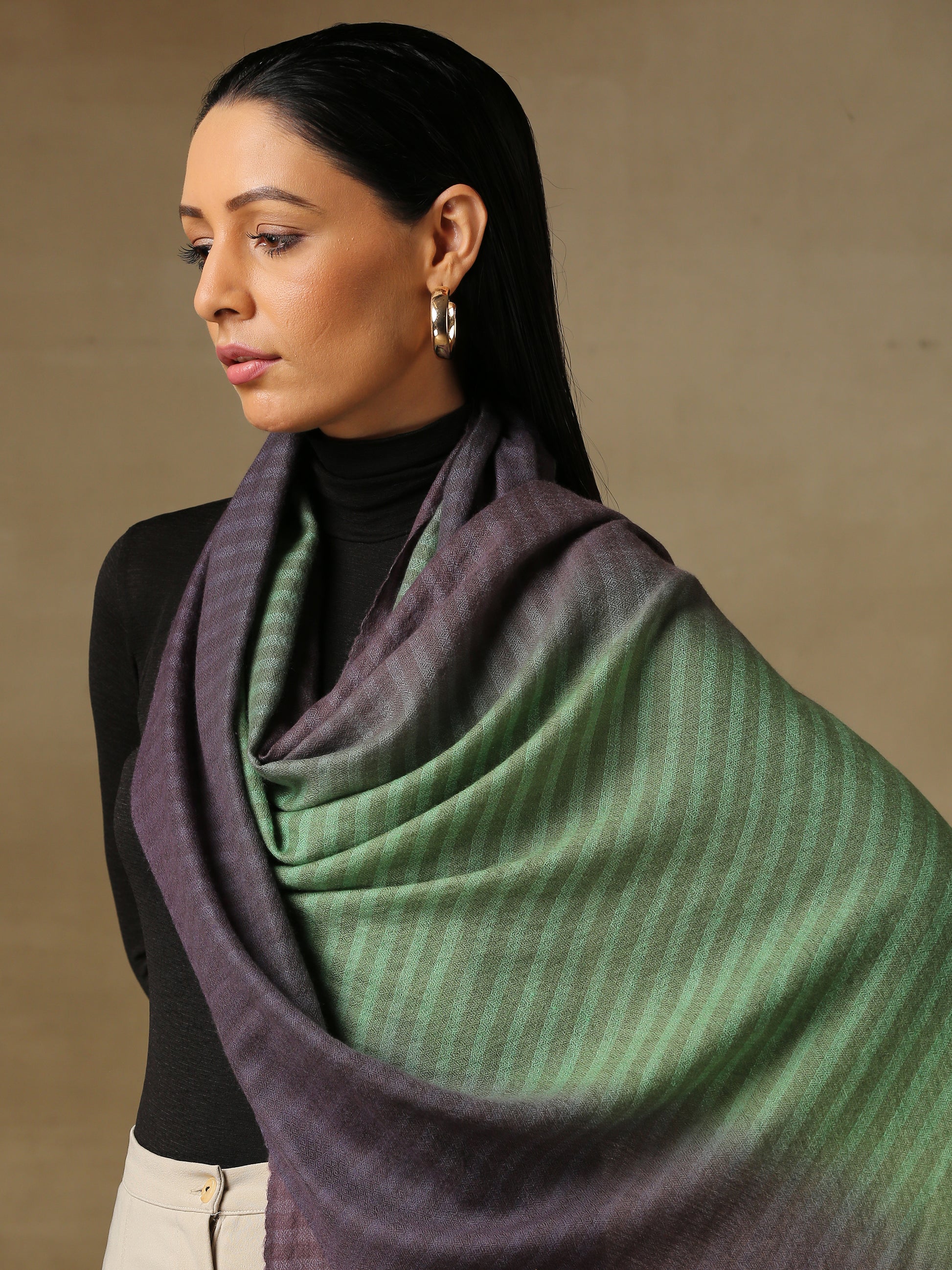 Model is wearing a Pashmina Ombre stole in Self weave in the colours twilight green.