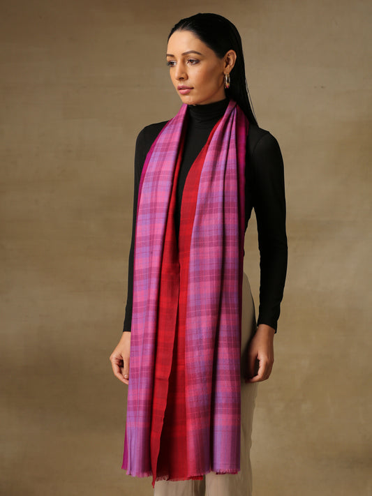 Model is wearing a Pashmina Ombre stole in self weave in the the colour magenta & pink.