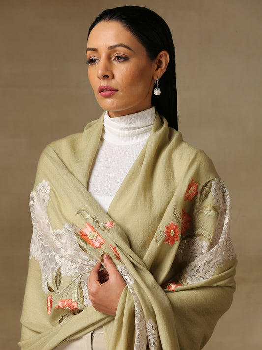 Model is wearing a Summer tales pashmina stole featuring flower motifs adorned with rhinestones and swarovski on a pista green handloomed pashmina stole.