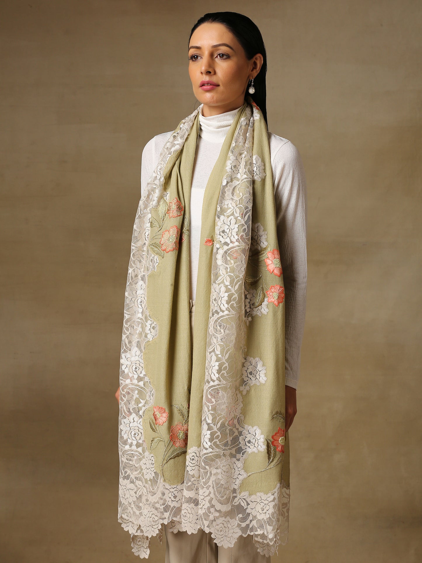 Model is wearing a Summer tales pashmina stole featuring flower motifs adorned with rhinestones and swarovski on a pista green handloomed pashmina stole. 