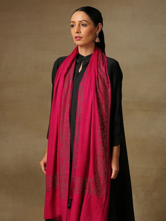 Model is wearing a magenta coloured stole from the Era of Zaywar Border Swarovski Stole collection, hand embellished with gold swarovski in the shape of a vine.